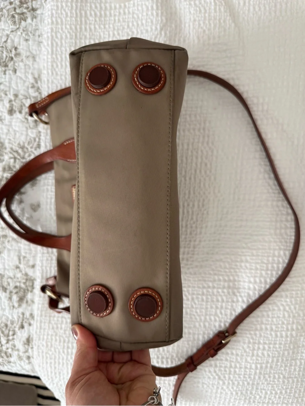Dooney & Bourke Taupe and Brown Interior Tote with Red Zip Accents